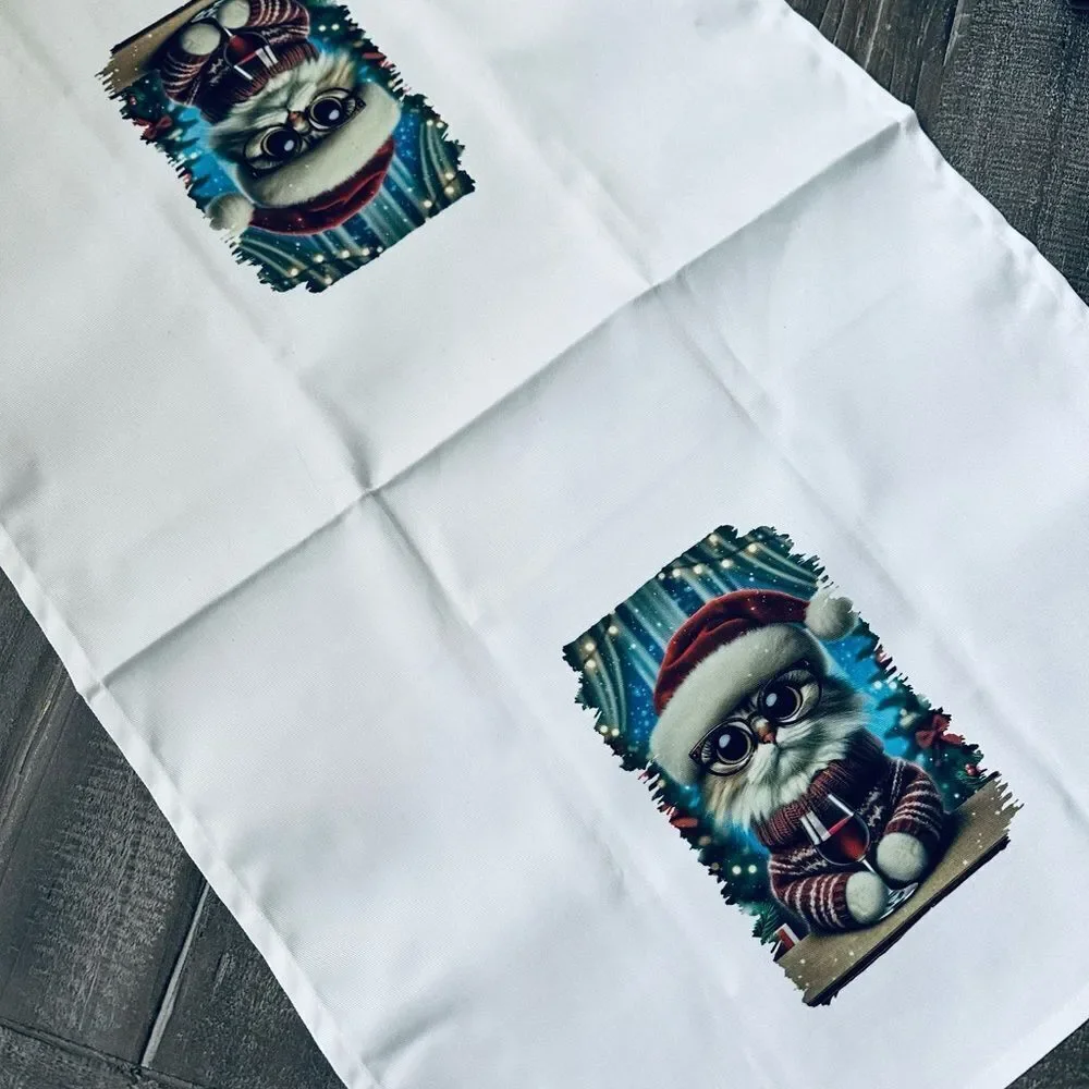 Santa Cat Wine Christmas Holiday Kitchen Dish Towel